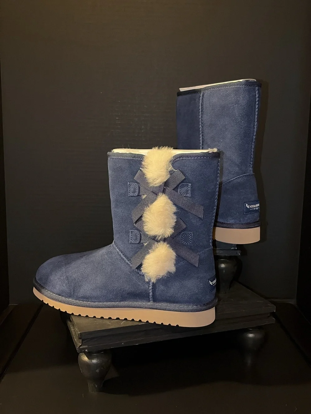 Women's Navy Suede Plush Fur-Trim Mid-Calf Boots
